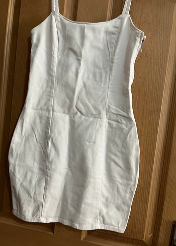 H&M Beyaz Kot Mini Elbise, İnce Askılı