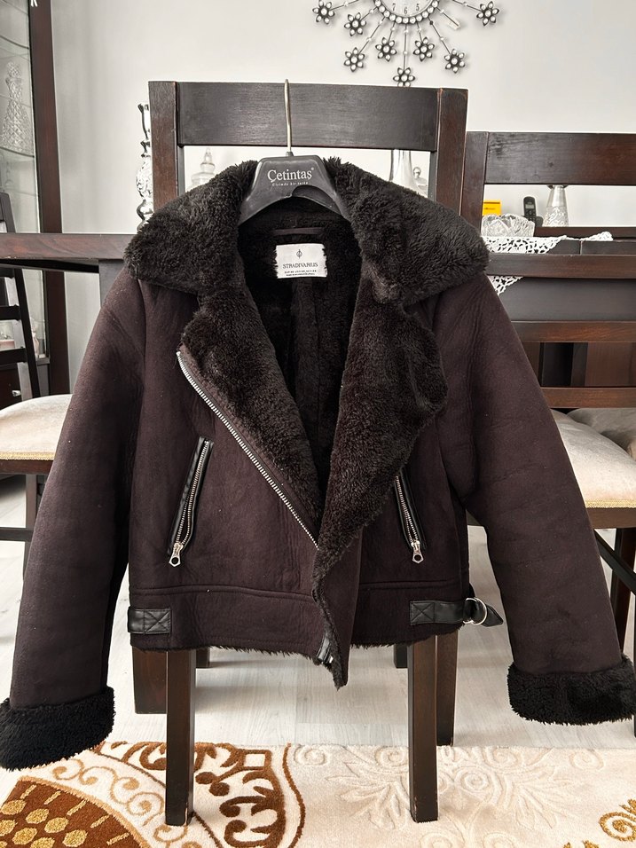 Siyah renkli Kürklü Süet Biker Ceket - Görsel 3