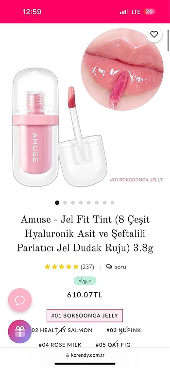 Amuse Jel Tint Hyaluronik Asit ve Şeftalili Parlatıcı