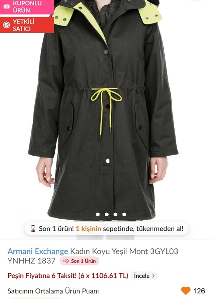 Armani Exchange Yeşil Montlu Parka Trençkot - Görsel 2