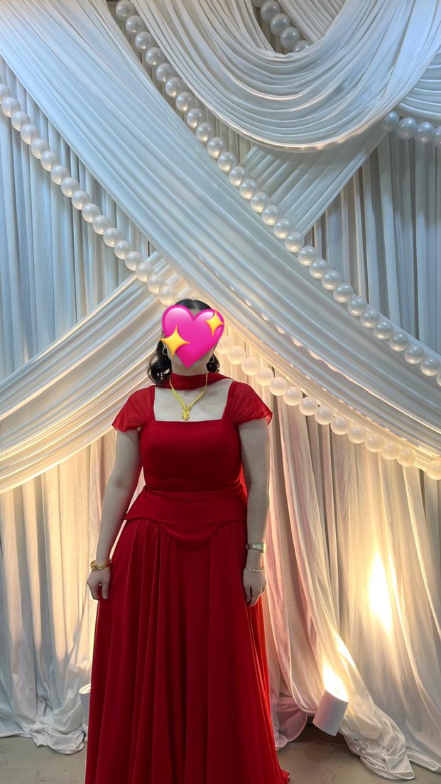 Uzun Kırmızı Yüksek Yakalı Kadın Abiye - Görsel 2