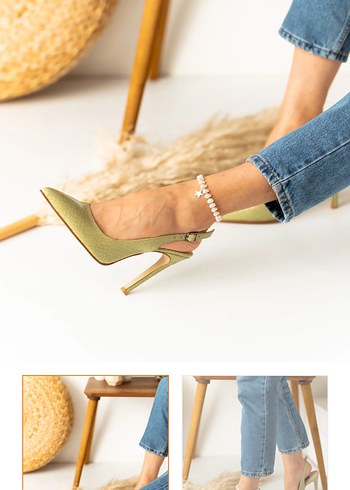 Yeşil Yılan Derisi Stiletto Sivri Burun Topuklu Ayakkabı