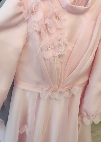 Pembe Vintage Uzun Kollu Uzun Abiye Elbise - Görsel 5