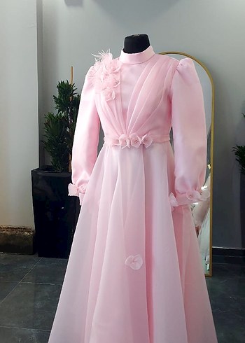 Pembe Vintage Uzun Kollu Uzun Abiye Elbise - Görsel 2