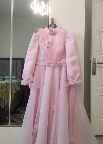 Pembe Vintage Uzun Kollu Uzun Abiye Elbise - Görsel 4