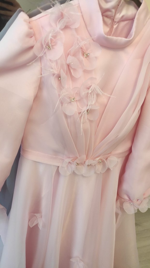 Pembe Vintage Uzun Kollu Uzun Abiye Elbise - Görsel 5