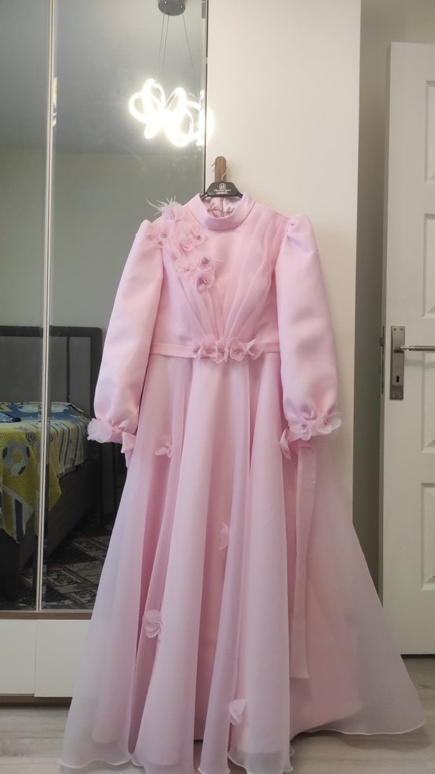 Pembe Vintage Uzun Kollu Uzun Abiye Elbise - Görsel 4