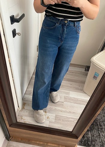 Düğmeli Mavi Normal Kesim Midi Kot Pantolon - Görsel 3