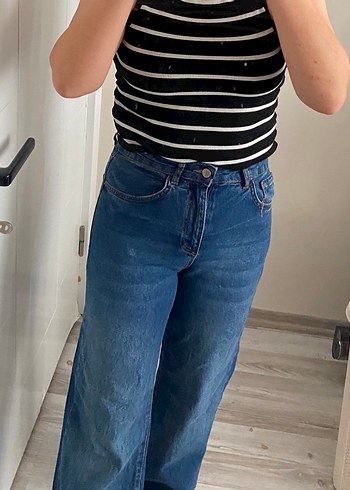 Düğmeli Mavi Normal Kesim Midi Kot Pantolon - Görsel 4