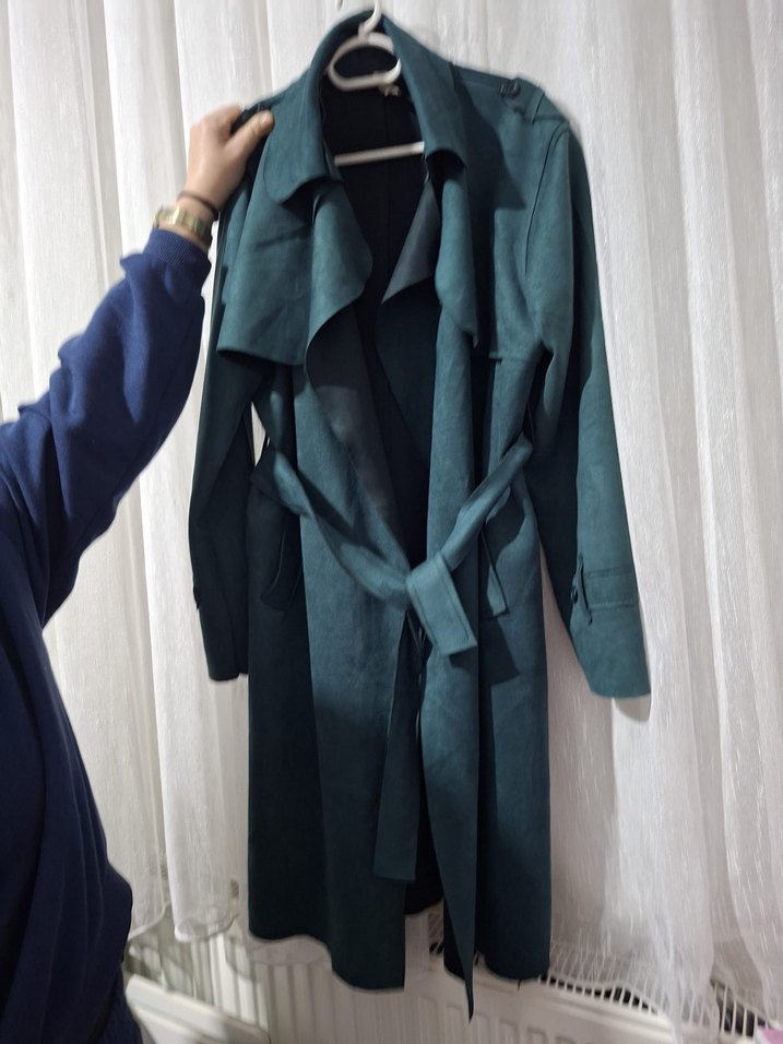 Kadın Yeşil Süet Kemerli Trençkot - Görsel 2