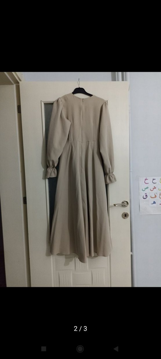 Bej Uzun Kollu Salaş Keten Elbise - Görsel 2