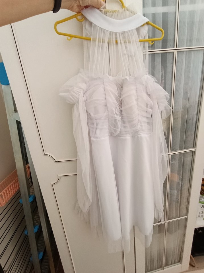 Beyaz Straplez Uzun Kollu Mini Gelinlik/ after party elbisesi - Görsel 3