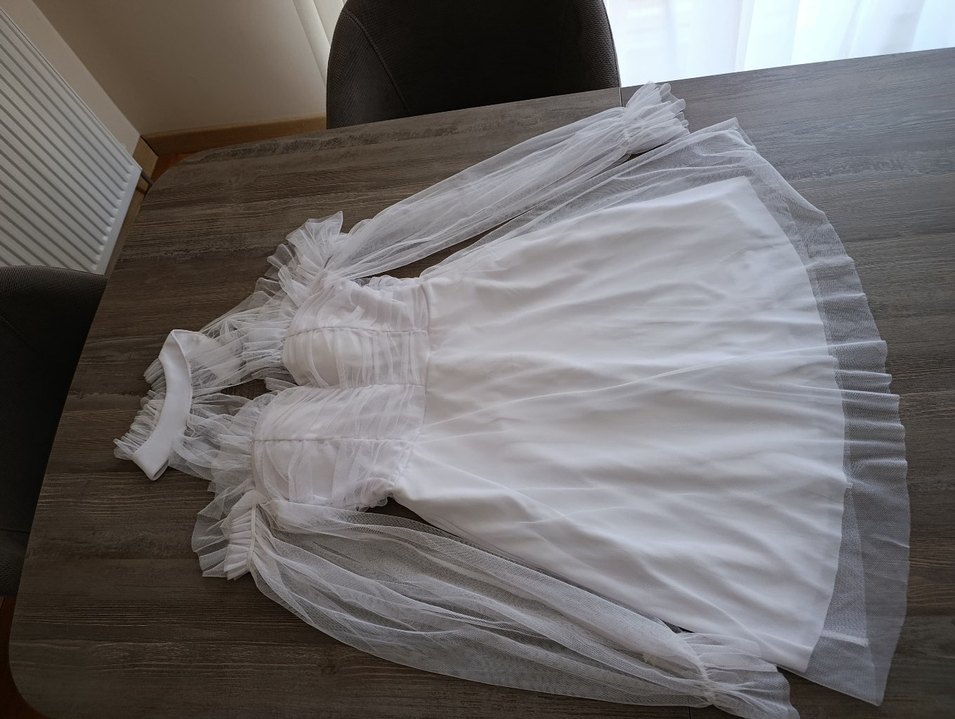 Beyaz Straplez Uzun Kollu Mini Gelinlik/ after party elbisesi - Görsel 2