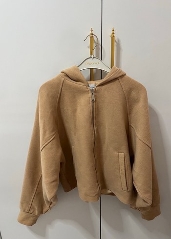 Bej Kapüşonlu Fermuarlı Salaş Sweatshirt - Görsel 2