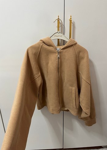 Bej Kapüşonlu Fermuarlı Salaş Sweatshirt - Görsel 3