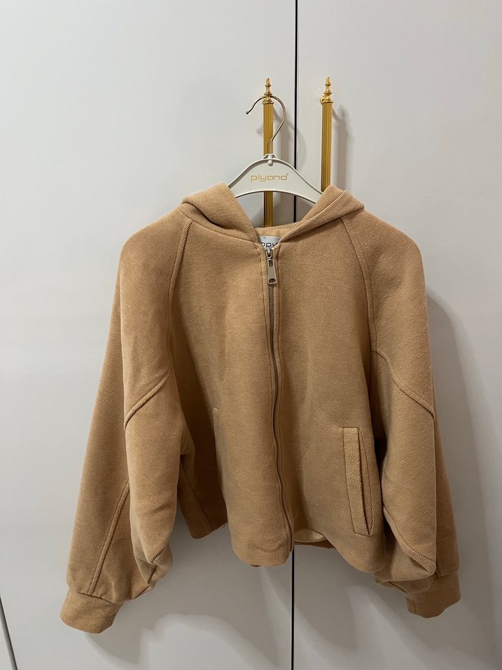 Bej Kapüşonlu Fermuarlı Salaş Sweatshirt - Görsel 2