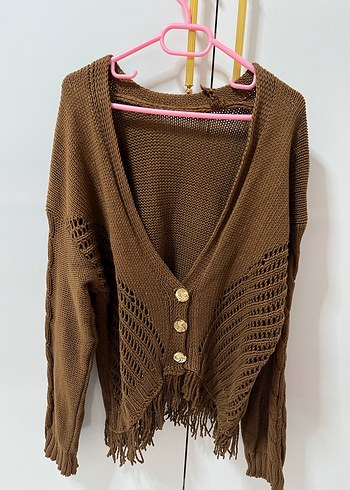 Bohem Tarzı Örgü Kahverengi Kadın Hırka - Görsel 2