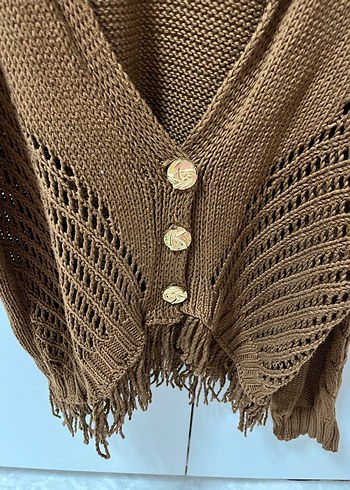 Bohem Tarzı Örgü Kahverengi Kadın Hırka - Görsel 3