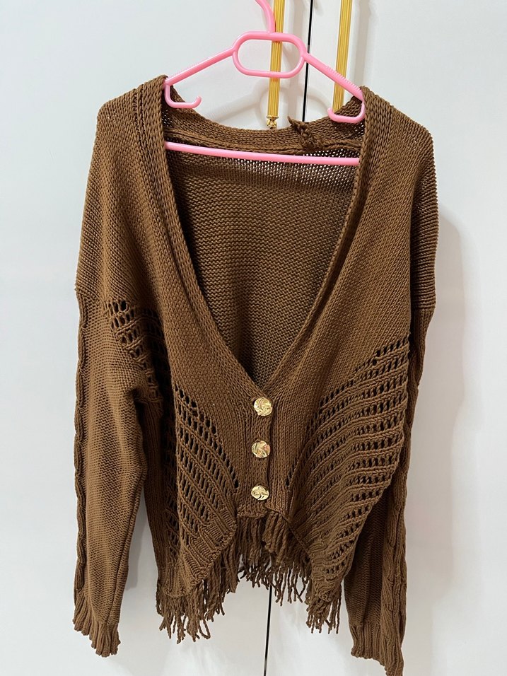 Bohem Tarzı Örgü Kahverengi Kadın Hırka - Görsel 2