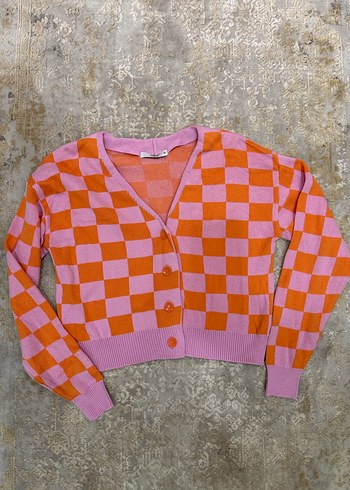 Pembe Turuncu Kareli Örgü Hırka