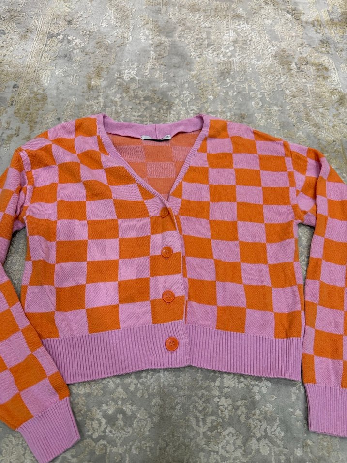 Pembe Turuncu Kareli Örgü Hırka - Görsel 2