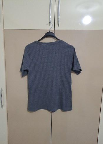 Gri Örgü Kısa Kollu Kadın Tişört - Görsel 5