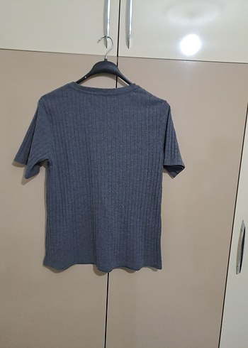 Gri Örgü Kısa Kollu Kadın Tişört - Görsel 3