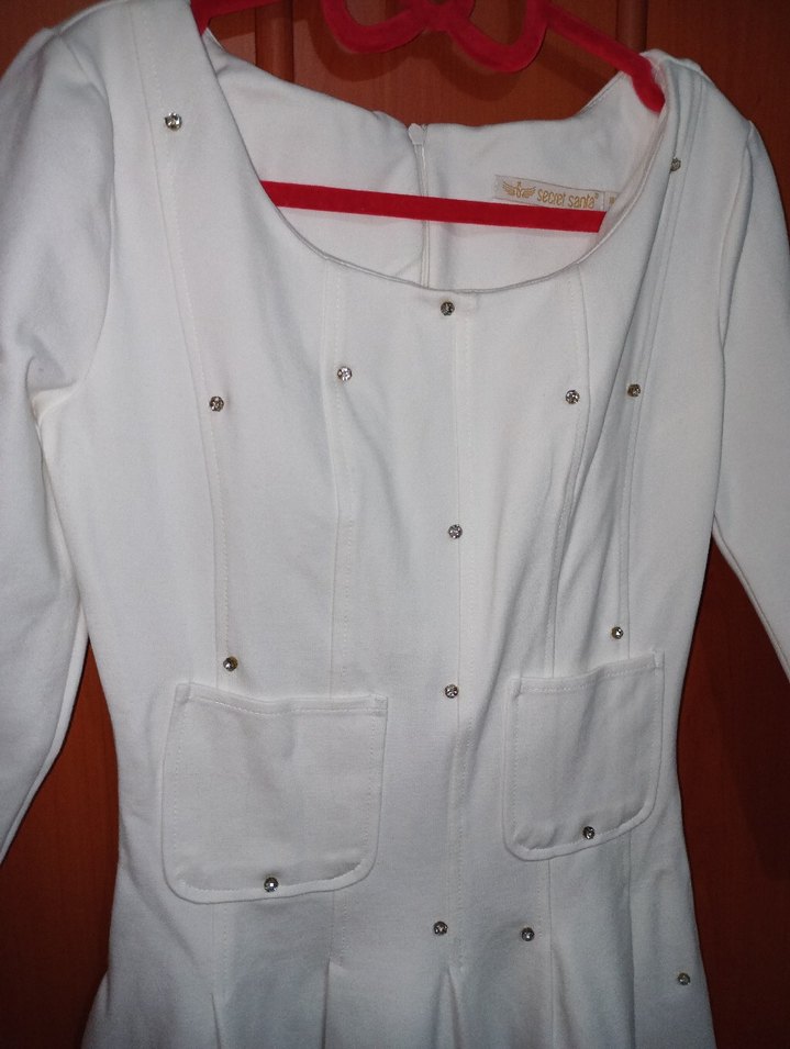 Taşlı Beyaz Pamuk Elbise - Görsel 4