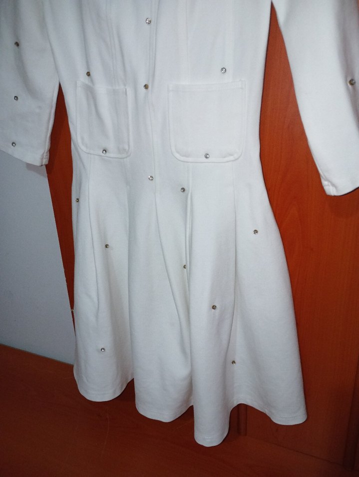 Taşlı Beyaz Pamuk Elbise - Görsel 5