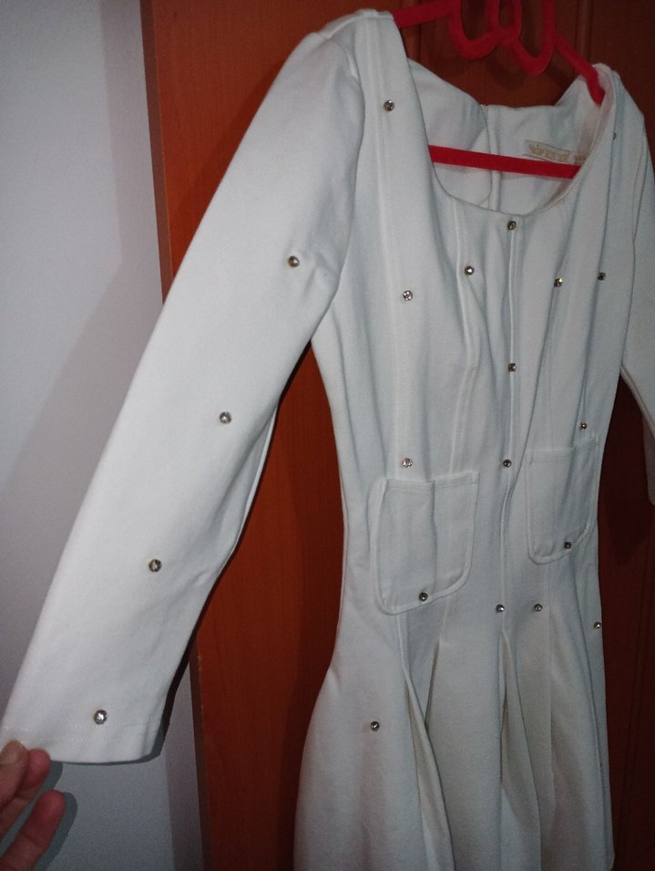 Taşlı Beyaz Pamuk Elbise - Görsel 2