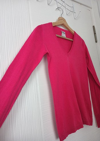 Pembe V Yakalı Kadın Keten Kazak - Görsel 2