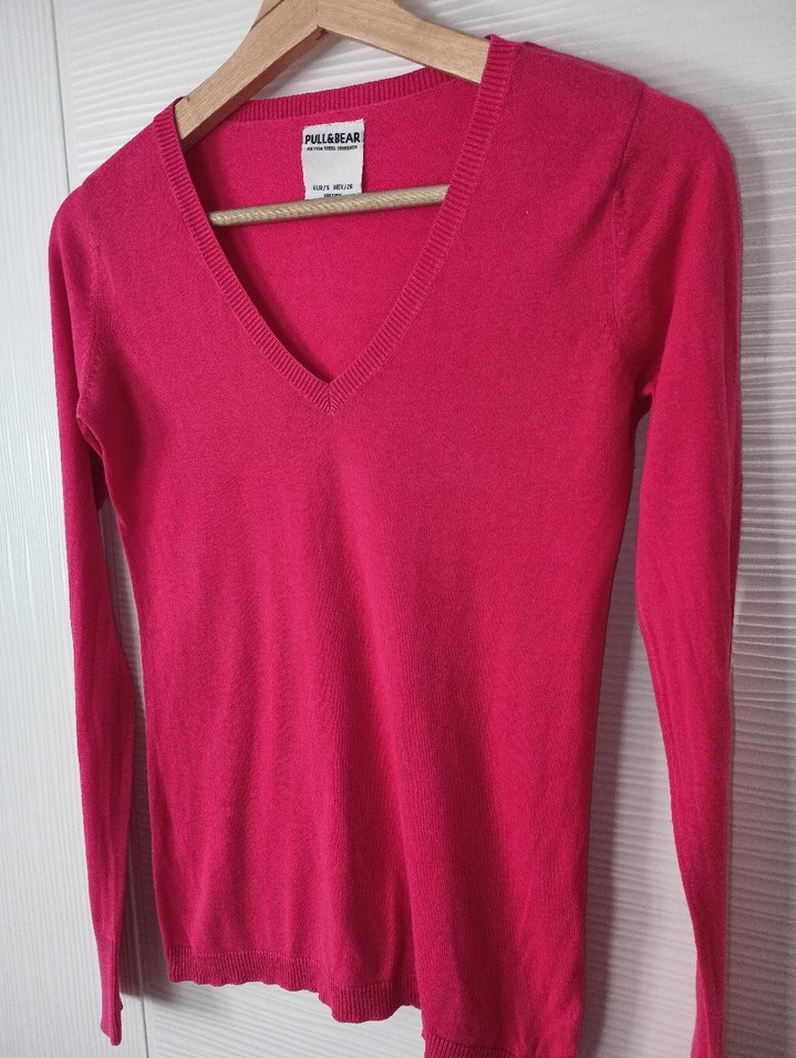 Pembe V Yakalı Kadın Keten Kazak - Görsel 4