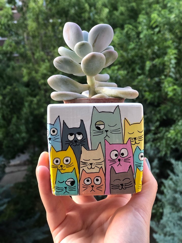 Pastel Renkli Kedi Desenli Saksı - Görsel 3