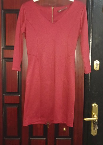 Koyu Kırmızı V Yakalı Midi Elbise - Görsel 2