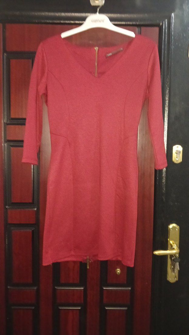 Koyu Kırmızı V Yakalı Midi Elbise - Görsel 2