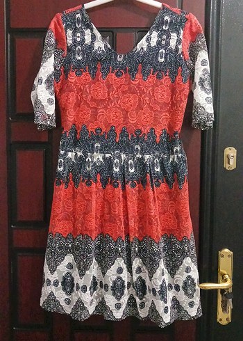 Renkli Bohem Midi Elbise Dantel Detaylı - Görsel 2