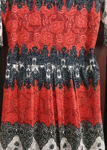 Renkli Bohem Midi Elbise Dantel Detaylı - Görsel 3