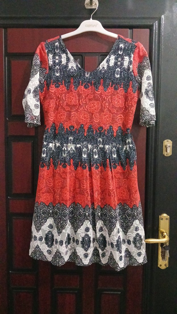 Renkli Bohem Midi Elbise Dantel Detaylı - Görsel 2