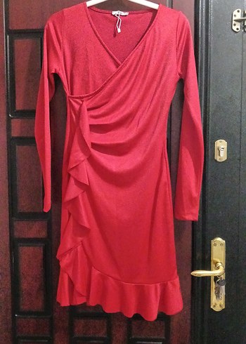 Kırmızı Drapeli V Yakalı Midi Elbise - Görsel 2