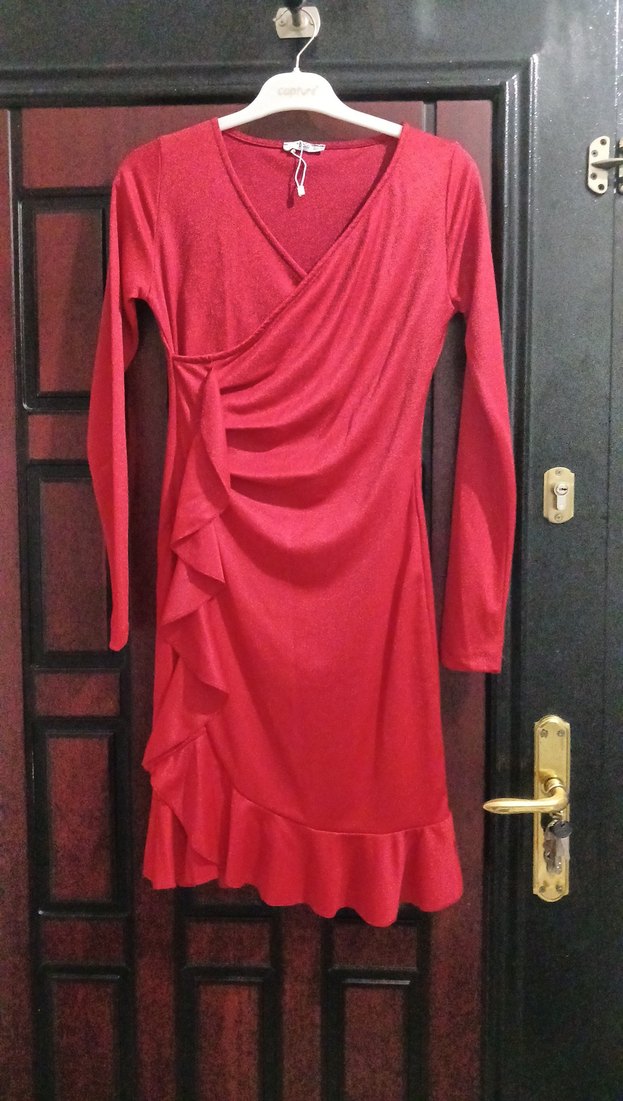 Kırmızı Drapeli V Yakalı Midi Elbise - Görsel 2