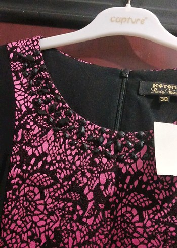 Pembe Yılan Desenli Dantelli Midi Elbise - Görsel 3