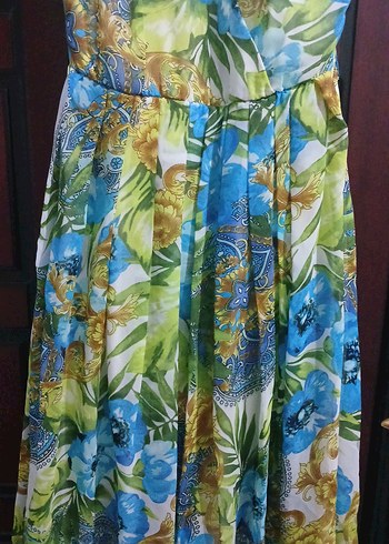 Çiçek Desenli V Yakalı Uzun Bohem Elbise - Görsel 5