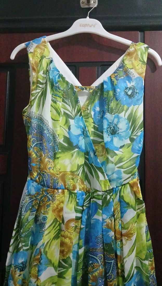 Çiçek Desenli V Yakalı Uzun Bohem Elbise - Görsel 4