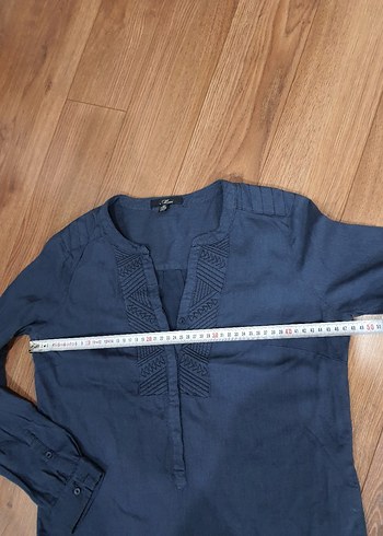 Lacivert V Yakalı Uzun Kollu Keten Gömlek - Görsel 4