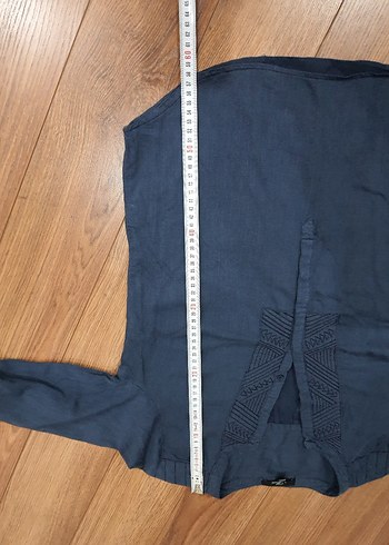 Lacivert V Yakalı Uzun Kollu Keten Gömlek - Görsel 5