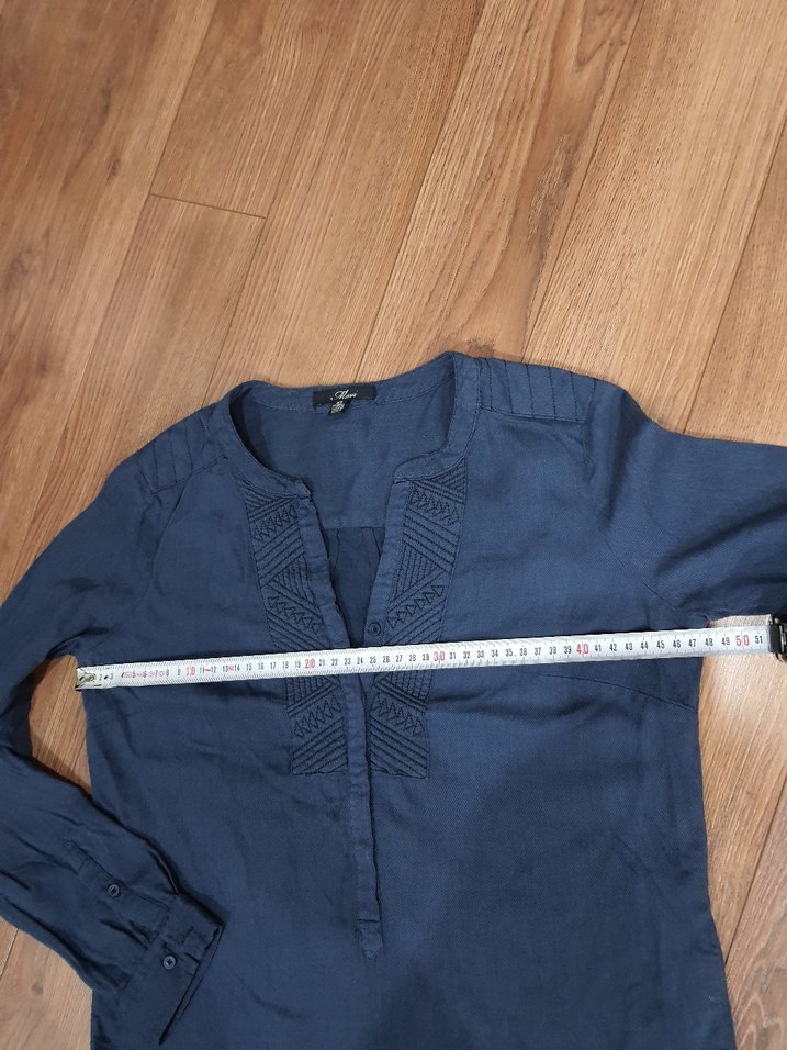 Lacivert V Yakalı Uzun Kollu Keten Gömlek - Görsel 4