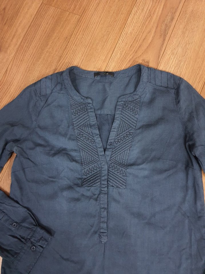 Lacivert V Yakalı Uzun Kollu Keten Gömlek - Görsel 2