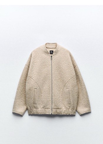 Zara krem Bej Kadın Fermuarlı yün peluş buklet Bomber Ceket