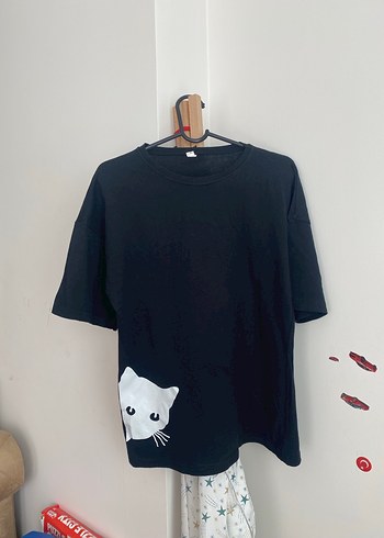 Siyah Baskılı Sokak Stili Kedi Tişörtü - Görsel 11