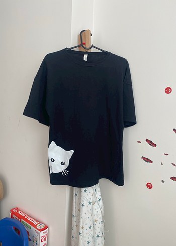 Siyah Baskılı Sokak Stili Kedi Tişörtü - Görsel 5